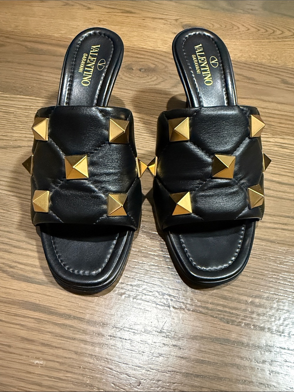 Valentino Black Quilted Leather Slide Mules with Gold Pyramid Studs